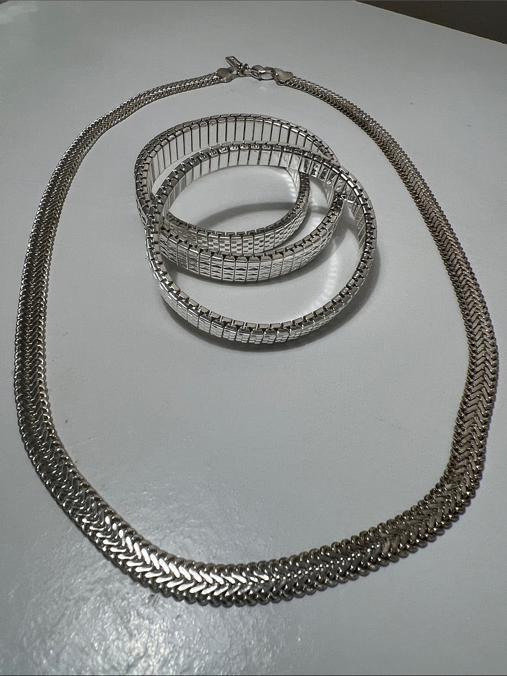 Napier Shiny Silver-Tone Braided Necklace with Bangles - Bracelets - Vintage